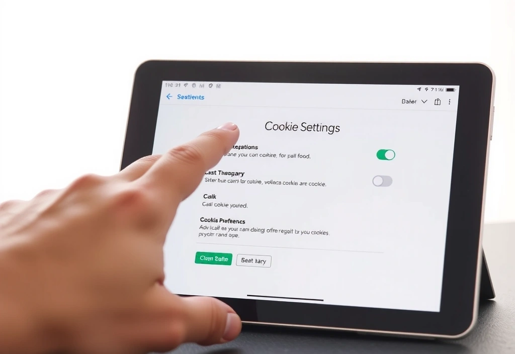 Person klickt auf Cookie-Einstellungen auf einem Tablet