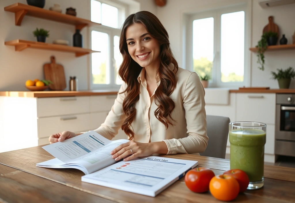 Frau studiert Ernährungsplan und trinkt grünen Smoothie