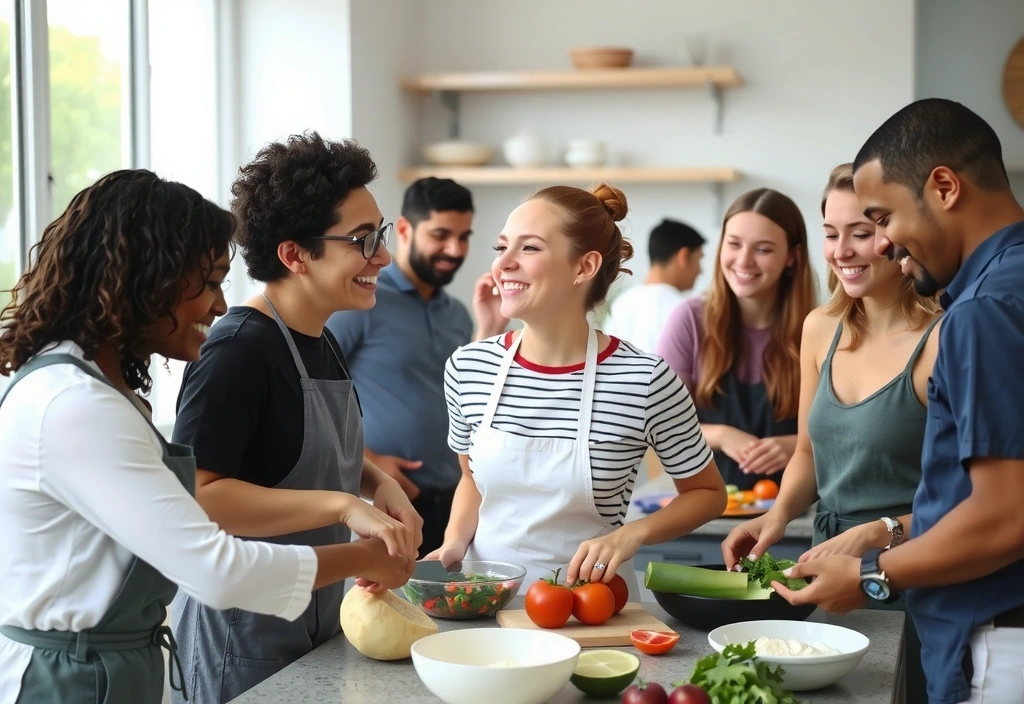 Gruppe von Menschen, die gemeinsam kochen und lachen