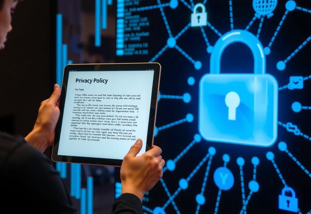 Person liest Datenschutzbestimmungen auf einem Tablet mit einem Vorhängeschloss-Symbol im Hintergrund, das Sicherheit und Privatsphäre symbolisiert.