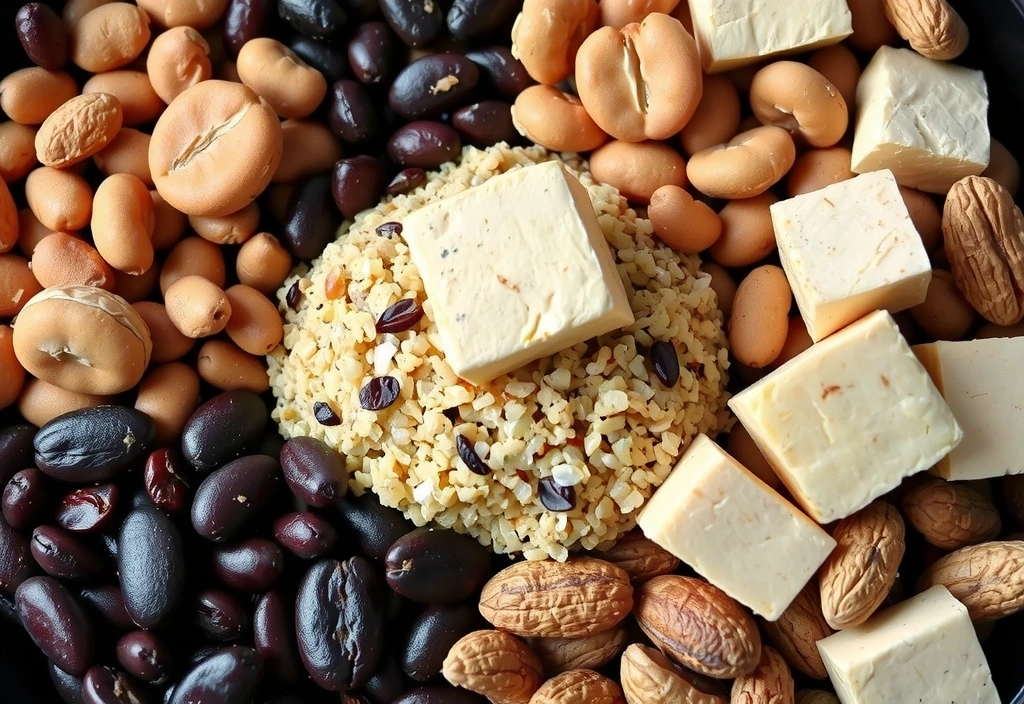 An assortment of plant-based protein sources like lentils, chickpeas, and tofu, arranged artfully.