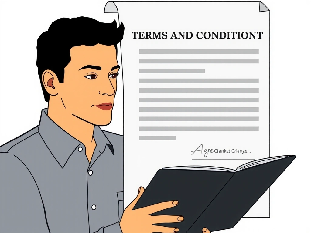 Illustration einer Person, die ein Dokument mit Geschäftsbedingungen liest und zustimmt.