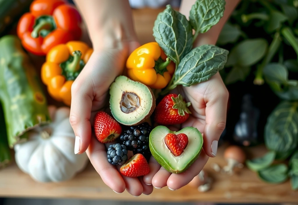 Hands holding fresh, colorful fruits and vegetables, symbolizing healthy eating philosophy